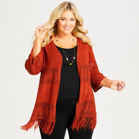 Avenue Sweaters - Avenue Cinnamon Fringe Boho Cardigan (Size 18/20)